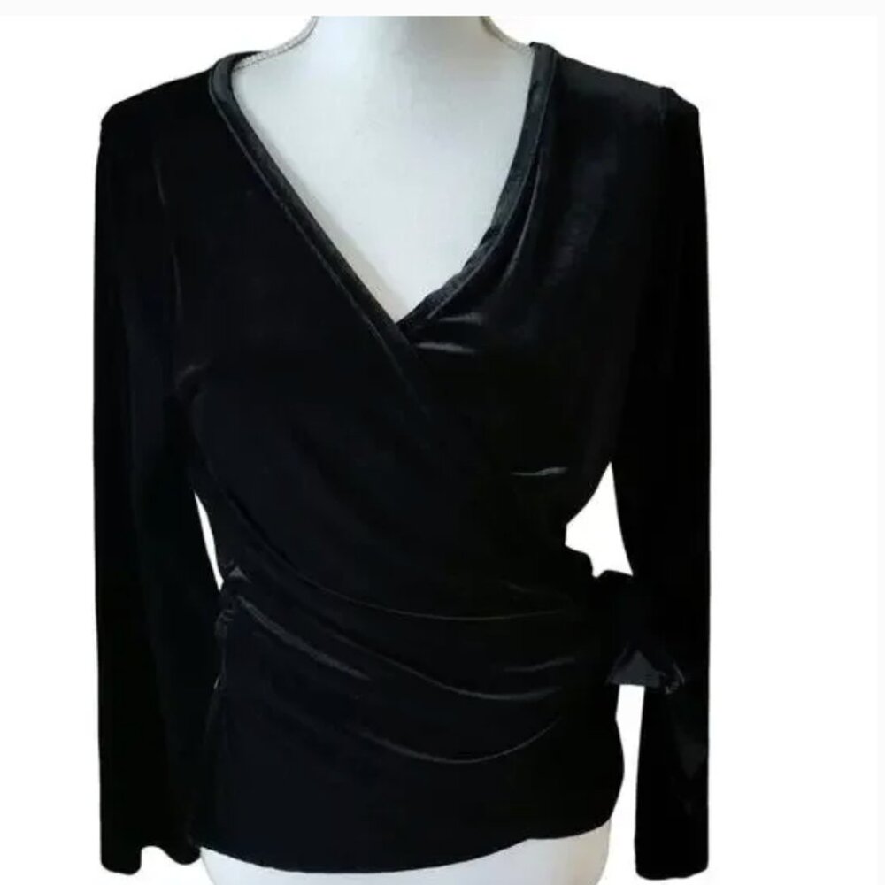 J. Jill Stretch Black‎ Velvet Wrap Shirt Size L Cocktail Party Event Holiday
